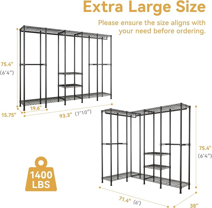 Higeego H5 Heavy Duty Clothes Rack, Black Clothing Rack for Hanging Clothes | 93.3"Wx15.7"Dx75.4"H, Large Garment Rack, Freestanding, Wardrobe Closet with Adjustable Shelf, Load 1400 lbs