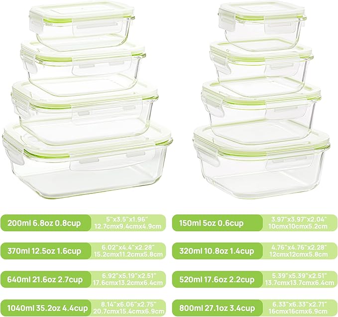 Vtopmart 8 Pack Glass Food Storage Containers with Airtight Lids | Meal Prep Lunch Containers, Leakproof, Leftover Storage, Take-out, Microwave, Oven, Freezer and Dishwasher Safe, BPA Free