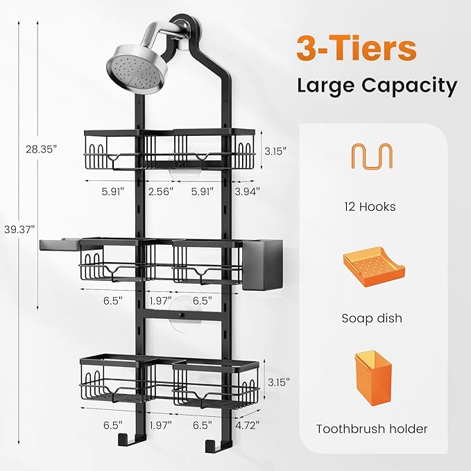 Shower Caddy Hanging, Adjustable Bathroom Organizer 3 Tier Shelf Rustproof | Over The Showerhead / Door Hanging Shelves, Shower Rack for Inside Shower with Soap Dish, No Drilling Storage