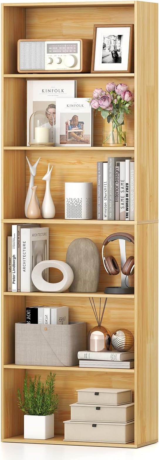 Giantex 6-Tier Bookcase, 70" Tall Wooden Bookshelf, Freestanding Storage Organizer w/Open Shelves, Anti-Tipping Kits, Modern Floor Standing Display Shelves for Living Room, Bedroom,Burlywood