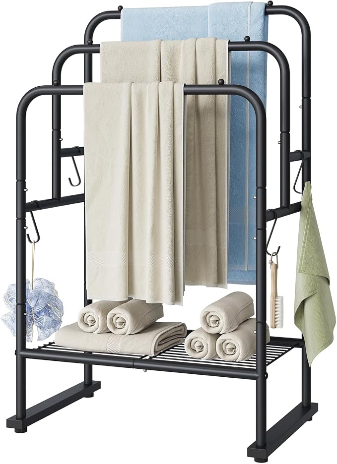 ELYKEN 3 Tier Freestanding Towel Rack with Shelf, 40" H Towel Stand, Black | Metal Drying Rack for Oversized Bath Towels & Blankets, 4 Hooks, Indoor & Outdoor Use, Fits Bathroom, Tub, Shower, Poolside