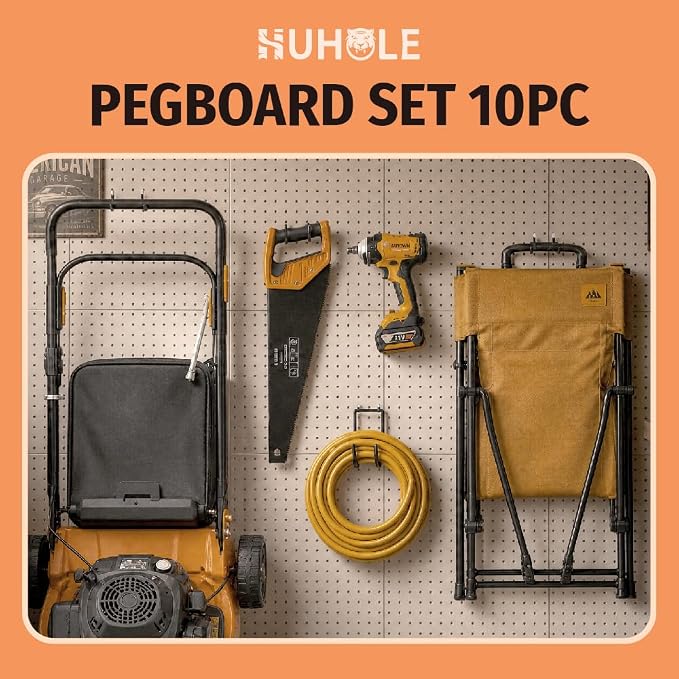 HUHOLE 10 Pack Pegboard Drill Holder Utility Hooks for 1/4 Inch Pegboard | Tool Holders with 20 lb Capacity for Power Tools, Hammers, Cords, Hoses, Shovels, Brooms and Garage Storage