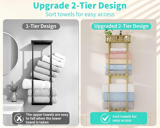 HapiRm Towel Rack Bathroom Storage - 3 Tier Over The Door & Wall Mounted Rolled Towel Racks Holder Organizer with Metal Shelf and 6 Hooks for Small Bathroom, Camper, Rv - Gold
