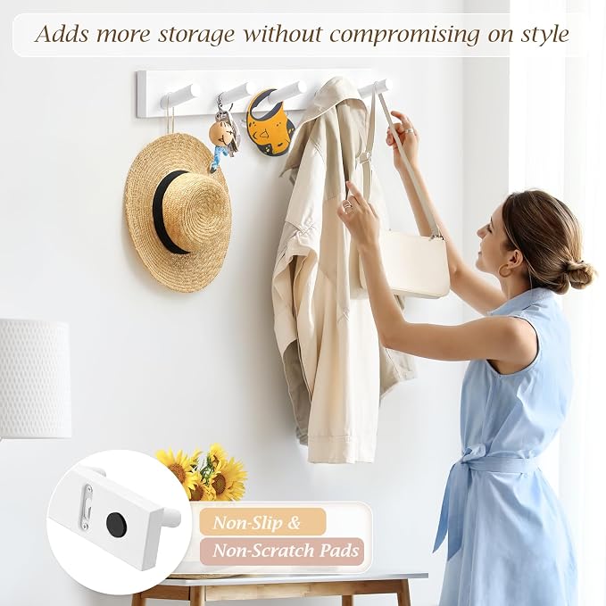 Coat Rack Wall Mount, Wooden Coat Hanger, White, 1 Pcs | Heavy Duty, 5 Sturdy Rounded Hooks, Bamboo Wood Material, for Entryway, Doorway, Living Room, Kid's room, Living Room, Closet