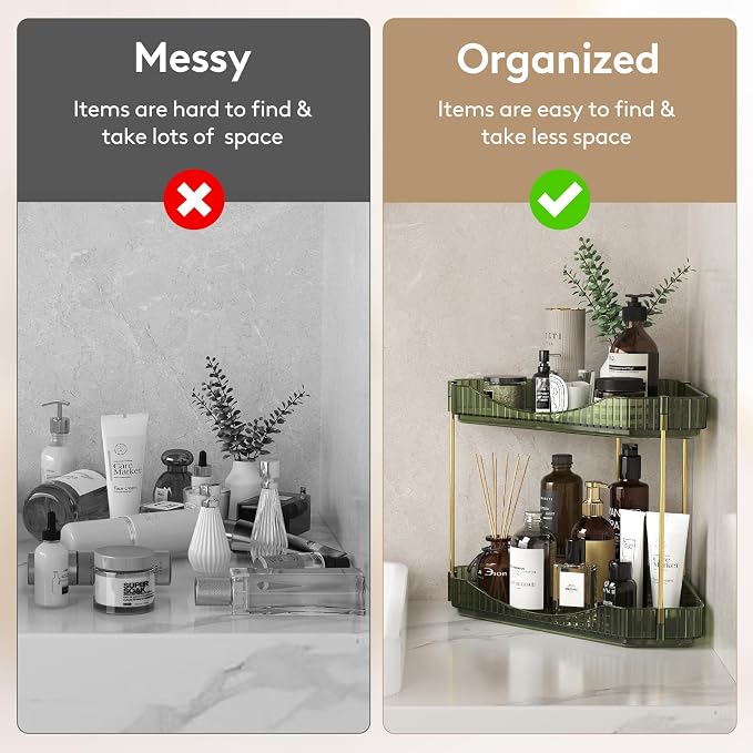 Lifewit 2 Tier Corner Bathroom Counter Organizers and Storage, Green | Plastic Makeup Skincare Organizers Countertop, Large Sink Cosmetic Perfume Shelf for Bedroom, Dresser, Kitchen, Vanity