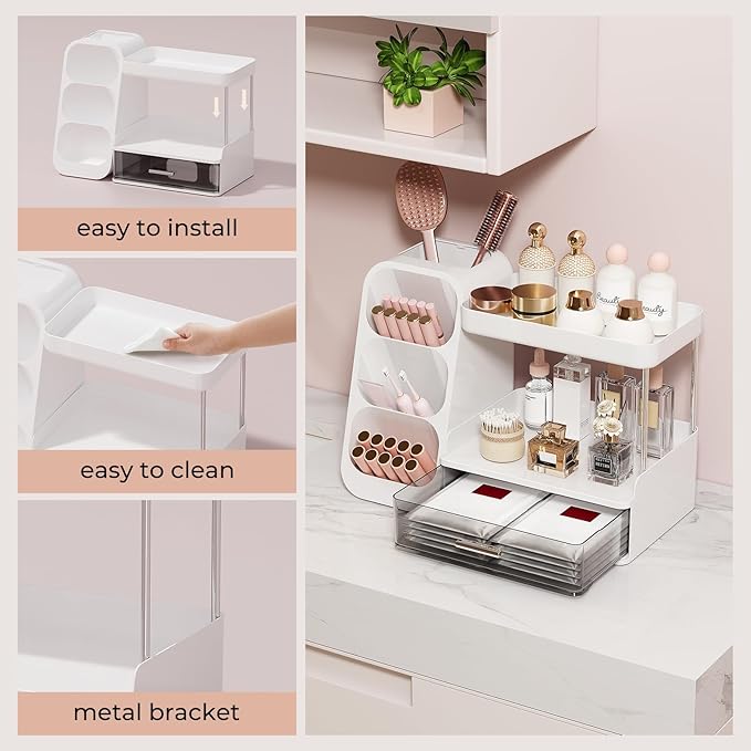 UFORU Makeup Organizer Countertop with Brush Holder for Vanity Bathroom | 3 Tiers Design, Large Capacity, Thickened Plastic, Detachable Brush Holder, Clear Drawer, Quick Access, Space-Saving