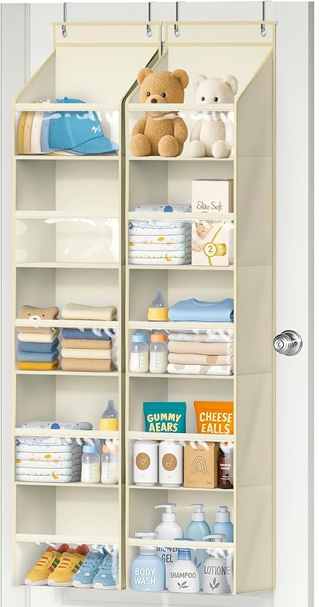 AOODA 2 Pack Over the Door Organizer, Large Capacity Closet Door Hanging Organizer, Clear Deep Pockets Baby Storage for Nursery, Bathroom, Bedroom, Pantry, Diapers (Light Yellow)