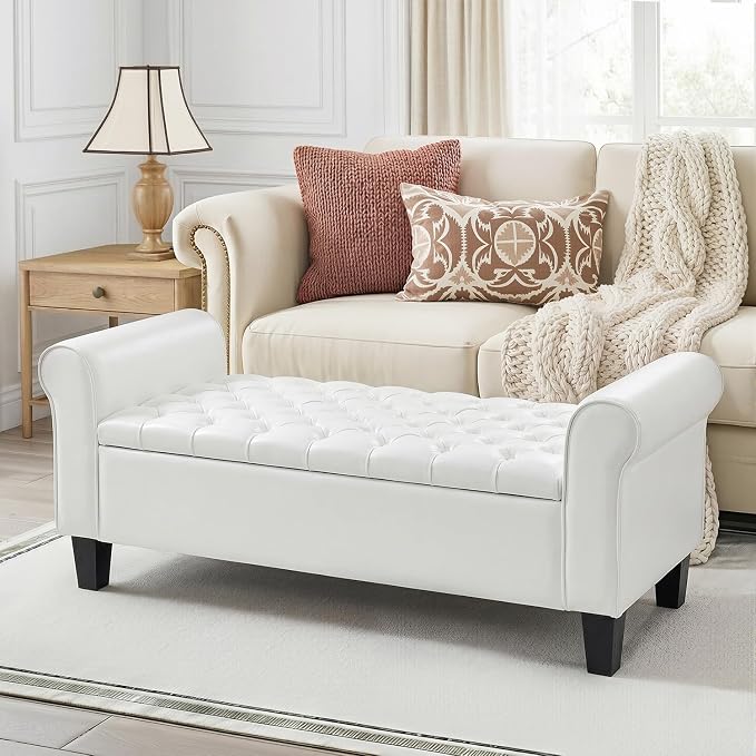 55" Storage Ottoman Bench for Living Room, End of Bed Bench with Rolled Arm Leather Ottoman with Storage Upholstered Entryway Bench Retro Style Footboard Bench for Bedroom, Cream White