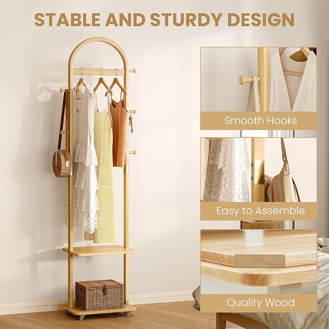 15.9" Narrow 3-in-1 Rolling Clothing Rack,Wooden Coat Rack with Wheels, 2 Shelves and 5 Hooks, Solid Rubber Wood Coat Rack with Shelves for Entryway, Bedroom, Living Room, Burlywood