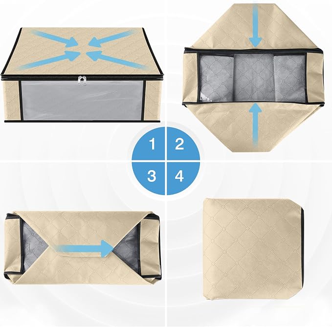 HomeHacks 4-Pack Clothes Organizer Storage Bags, 35L Storage Bins, Beige | Foldable Storage Box Container with Zippers, Clear Window, Reinforced Handles for Closet, Dorm, Pillows, Bedding, Sweater