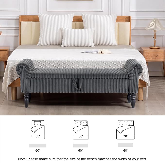 60" Storage Bench for Bedroom,End of Bed Bench with Storage | Corduroy King Size Bench with Rolled Arms,Storage Ottoman Benches for Living Room,Entryway,Benches for Foot of Bed,Dark Grey