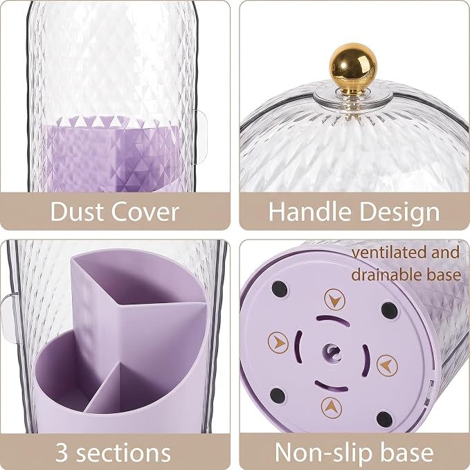 Toothbrush Holder with Cover for Bathroom Countertop, Organizer, Purple | Rotating 3 Slot Holder for Electric Toothbrushes, Toothpaste, Self Draining Vanity Organizer, Makeup Brush Storage