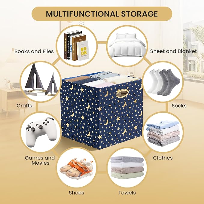 Posprica 11x11x11 Storage Cube Bins, Collapsible Storage Bins Fabric Storage Cubes Organizer Baskets Box Drawers for Shelves, Closet, Wardrobe, Bookshelf, Cabinet Blue-Moonstar, 4 Pack
