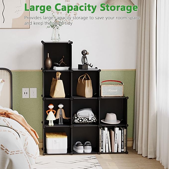 C&AHOME Cube Storage Organizer, 9-Cube Bookcase, Closet Cabinet Black | DIY Stackable Bookshelf, Plastic Modular Shelving Units Ideal for Home, Office, Kids Room, 36.6" L x 12.4" W x 48.4" H