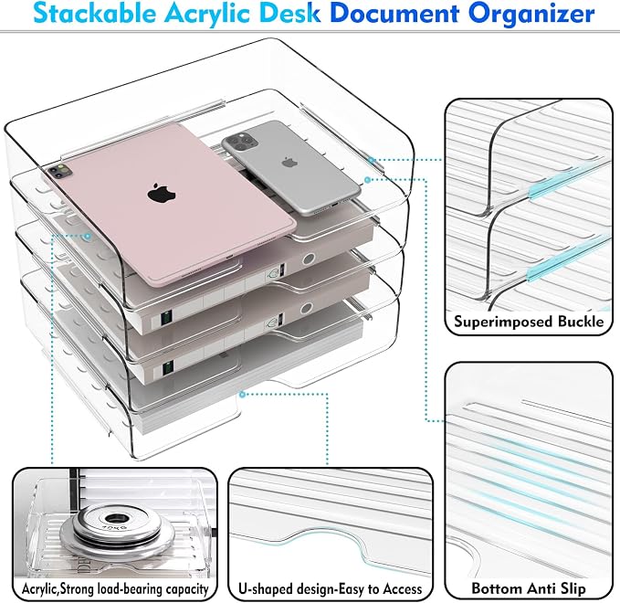 Vivihomety Paper Organizer Letter Tray, 4-Pack Stackable Acrylic, Clear | Stackable, Versatile Desk File Organizer – A4 Paper, Documents, Letters, Books, Bills, iPad – Large Capacity, Home Office
