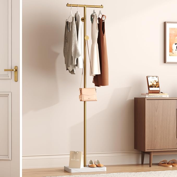 HOMEFORT Coat Rack, Freestanding Metal Coat Racks, T-Shape Clothes Hat Stand with 2 Hooks for Closet, Bedroom, Entryway, Living Room, Gold
