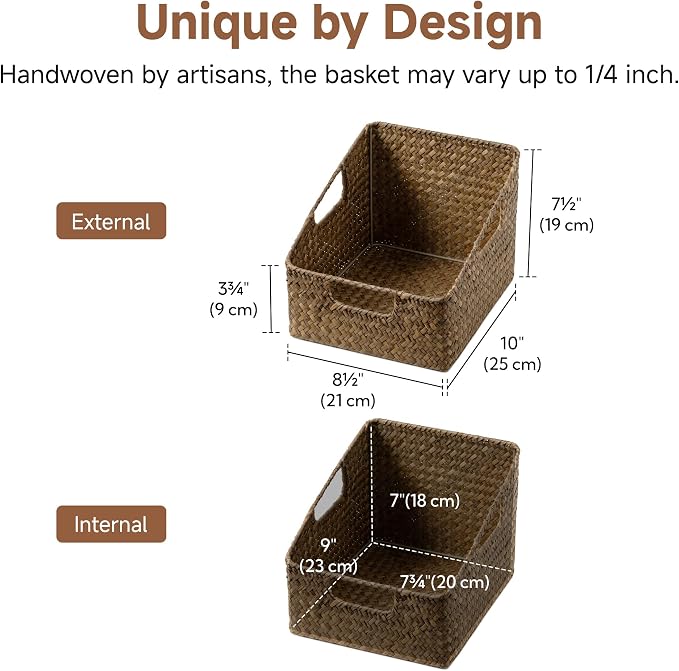 StorageWorks Pantry Baskets for Organizing, Wicker Baskets with Handles, Seagrass Storage Basket for Shelves, Woven Baskets for Pantry Storage, Brown, 2-Pack