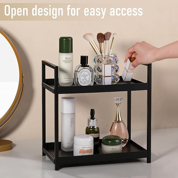 Bathroom Counter Organizer Vanity Storage Countertop Shelf, Small Black | 2 Tier Makeup Organizer Perfume Tray Skincare Holder for Sink, Dresser, Kitchen
