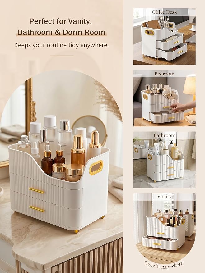 Booklov Large Makeup Organizer for Vanity, Bathroom Countertop, White | Plastic Cosmetic Display Case with Drawers, Beauty Brush Holder for Dresser Counter Skincare Eyeshadow Lipstick Storage