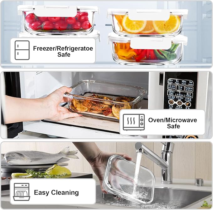 VERONES 5 PACK 36 OZ Glass Meal Prep Containers Set with Lids, White | Airtight Glass Lunch Containers Set, Food Storage Containers with Lids, for Microwave, Oven, Freezer & Dishwasher Friendly