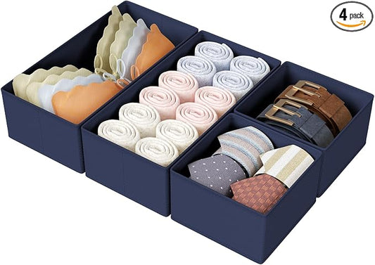 DIMJ Drawer Organizers Clothes, Set of 4 Dresser Organizer Bins, Fabric Closet Organizers and Storage, Shallow Drawer Dividers for Nursery, Clothing, Baby Clothes, Socks, Underwears, Tie (Navy Blue)