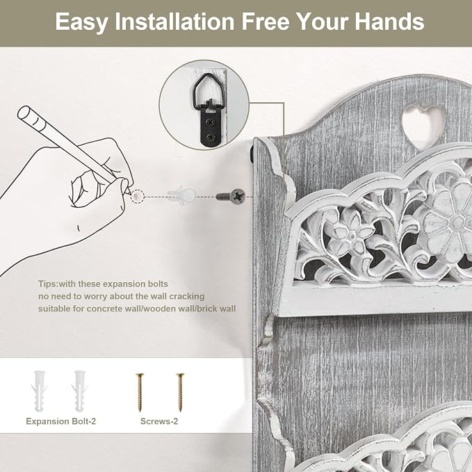 Key and Mail Holder for Wall, 2-Slot Mail Organizer Wall Mount 5 Key Hooks | Retro Hollowed-out Pattern Wooden Key Hangers Wall File Organizer Letter Sorter, Key Rack for Entryway Home Decor Extra Wide