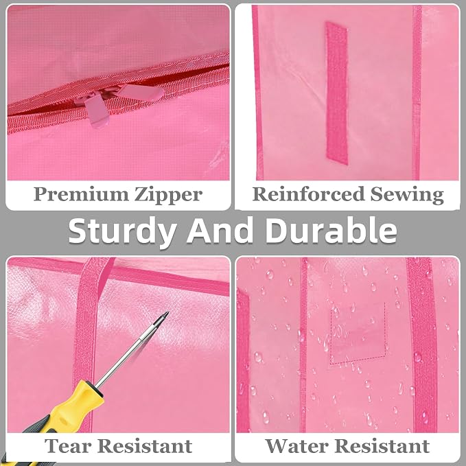 8 Pack-Extra Large Heavy Duty Moving Bags - Waterproof Storage Totes with Handles & Zippers, Foldable for College Dorm, Storage (Pink)
