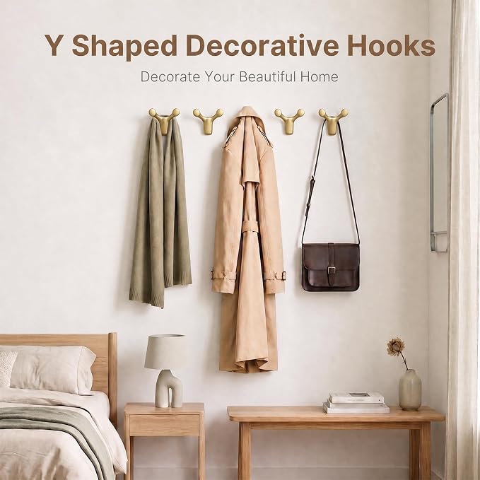 Coat Rack Wall Mount, Decorative Double Hanger Hooks, 4Pcs Gold Hook, Premium Zinc Alloy Y-Shaped/Antler Hooks for Towels, Bags, Hats, Cups & Keys, Ideal for Entryway, Bedroom, Bathroom, Kitchen