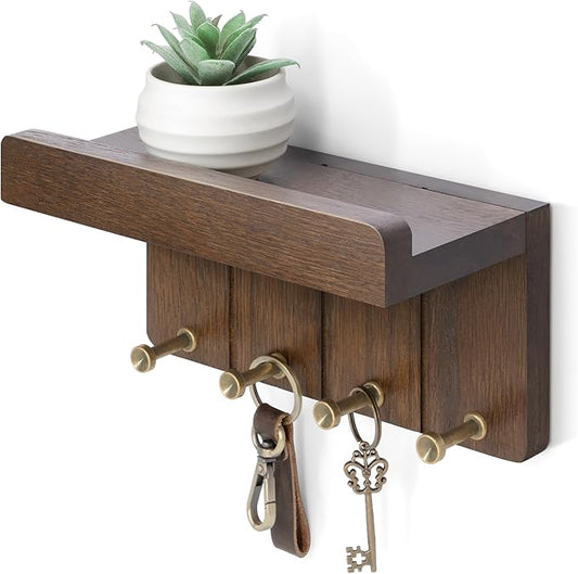 Rebee Vision Small Key Holder Wall Mount with 4 Hooks for Entryway, Brown | Key and Mail Holder for Wall, Mail Organizer, Mini Floating Shelf, Plant Display, Apartment Aesthetic, Compact Storage