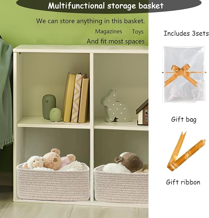 COMFY HOMI 11.5"x7.5"x4.7" Storage Baskets for Organizing | Cotton Rope Woven Basket | Toy Storage Bin Box | Basket for Shelves, Closet Organizer Bin, Decorative Closet Shelf, 3 Pack,