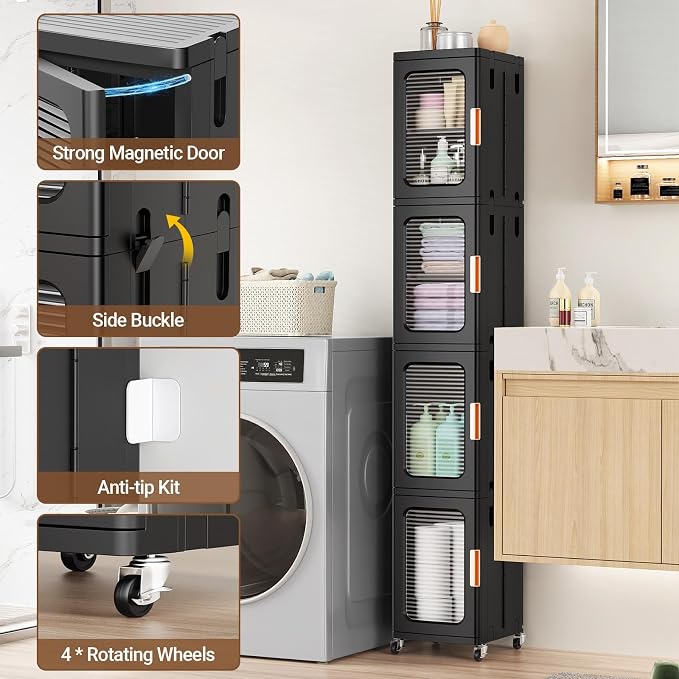 BROVIEW 4-Tier Tall Narrow Storage Cabinet Organizer, Slim Bathroom Cabinets with Adjustable Shelves and Doors, Plastic Kitchen Pantry Organizers and Storages for Small Space, Laundry, Black