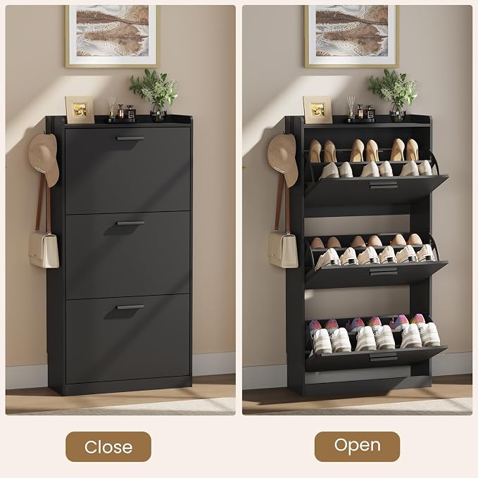 Shoe Cabinet Organizer with 3 Flip Drawers,Narrow Shoe Rack 23.6" W White | Freestanding shoe storage cabinet for entryway,foyer and hallway,slim design and space-saving flip drawers