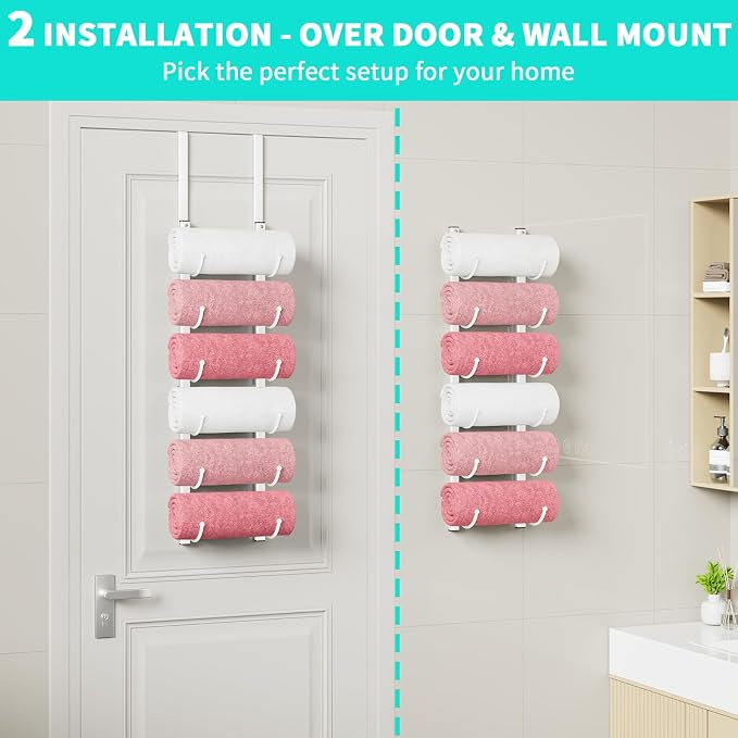 HapiRm Rolled Towel Racks for Bathroom - 6-Tier Over The Door & Wall Mounted Bathroom Towel Storage, Hanging Metal Organizer for Towels & Bath Sheets, Space Saving Rack for Bathroom, Camper, RV, White