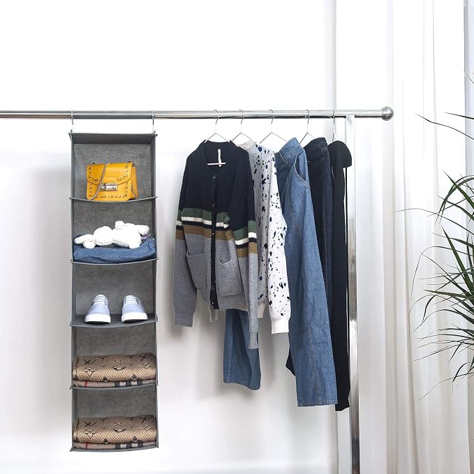 BrilliantJo 5 Shelves Hanging Closet Organizer, 2 Pack Hanging Storage with 6 Side Pockets for Clothes Bags, 43"x12"x12"(Gray)