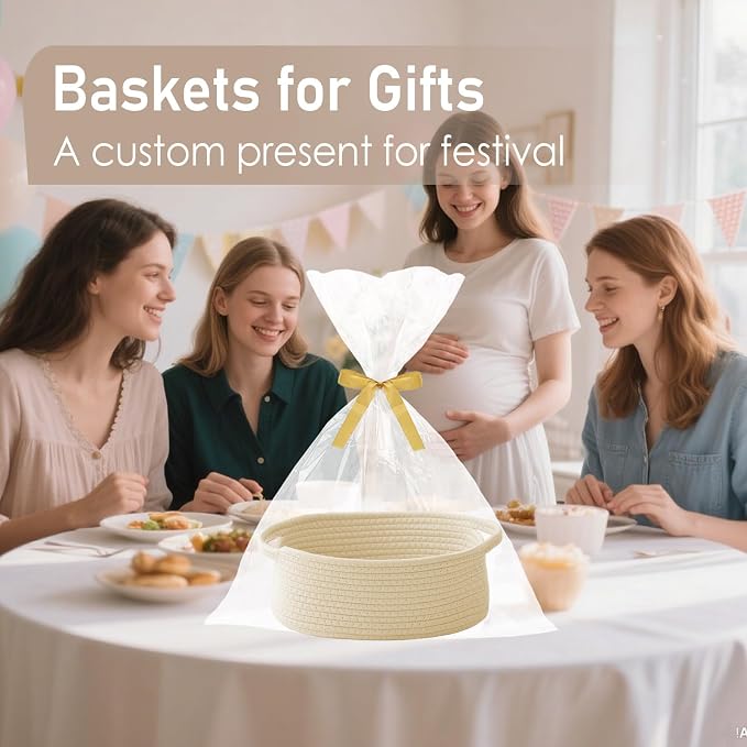JMvicyroam Small Woven Basket, Empty Gift Basket, Beige/2 Pack | Small Gift Basket, Cotton Rope, 12 x 8 x 10 in, Handles, Includes Ribbon and Bag, Birthday Gift Basket
