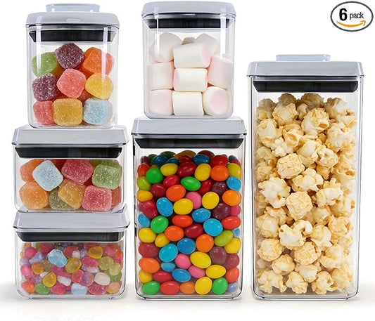 Pop Push Button Airtight Food Storage Containers 6 Set | 4 Sizes: 0.65/0.7/1.8/2.4Qt, BPA-Free Clear Canisters for Pantry, Pasta, Snacks, Coffee, Pet Food, Fridge
