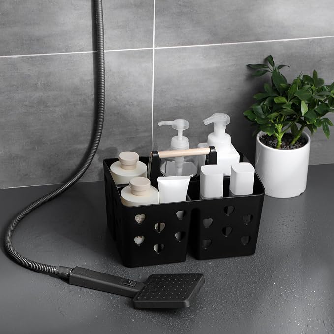 Portable Shower Caddy Plastic Shower Basket Organizer with Handle, Black | Divided Bathroom Caddy Storage Cleanning Caddy Tote for College, Dorm Room, Kitchen