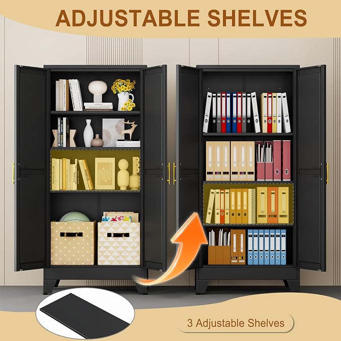 61" Black Metal Storage Cabinet with 2 Doors and 3 Adjustable Shelves,Steel Garage Tool Cabinet, File Cabinet,Kitchen Pantry Cabinet for Home,Office,Garage,School,Warehouse