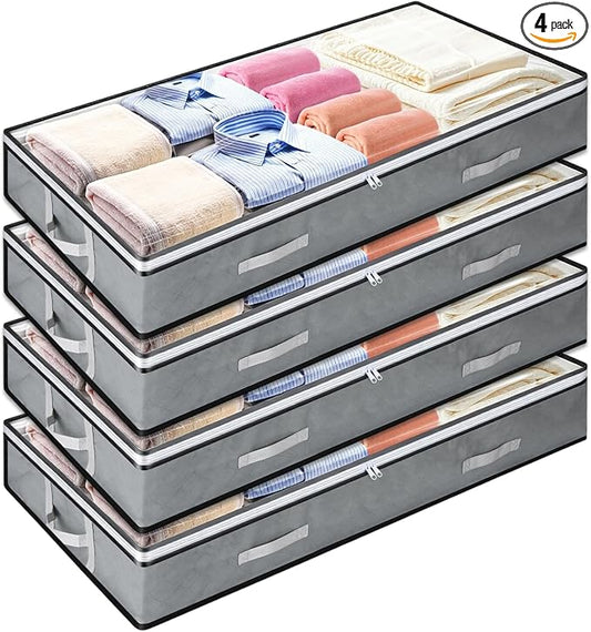4 Pack 5.5 Inches High Under Bed Storage Containers, Low Profile | Under Bed Storage Containers, Foldable Underbed Bag Stackable Closet Organizer for Blankets Clothing Comforter Wrapping Paper