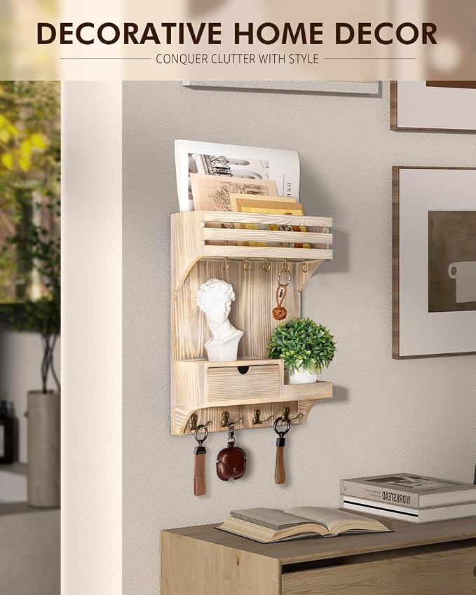 Rebee Vision Key Holder Wall Mount with Drawer for Entryway, Natural Wood | Key Holder for Wall, 9 Key Hooks, Wall Shelf, Drawer Organizer, Mail Sorter, Key Hanger Home Decor, Decorative Home Storage