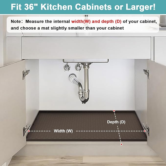 Under Sink Tray for Kitchen Waterproof, Silicone Under Kitchen Sink Mats and Protectors for 34" x 22" Cabinets, Under Sink Tray Organizer, Shelf Liner Cabinet Liner for Bathroom, Brown