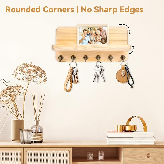 Key Holder for Wall, Mail Organizer Wall Mount with 6 Hooks Wooden Hanging Key Rack for Home Decor, Hallway, Entryway (Wood Color)