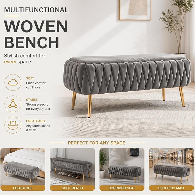 Bench for Entryway 41.3", Bedroom Benches for Foot of Bed, Ottoman with Storage for Bedroom, Upholstered Rectangular Ottoman for Living Room, Entryway, Holds up to 450 lb (Grey)