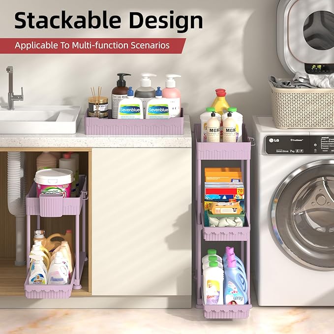 Sevenblue 4-Pack 2-Tier Under Sink Organizer with Pull Out Drawers | Multi-use kitchen & bathroom storage. Includes hanging hooks and cups. Pink, space-saving cabinet design. 14.8 Inch