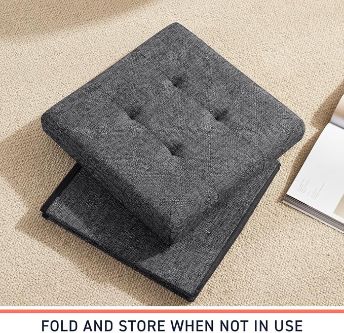 Ornavo Home 15 Inch Folding Storage Ottoman Cube, Tufted Linen, Dark Gray | Upholstered Cube with Lid; Foot Rest Stool; Ideal for Bedroom, Living Room or Entryway