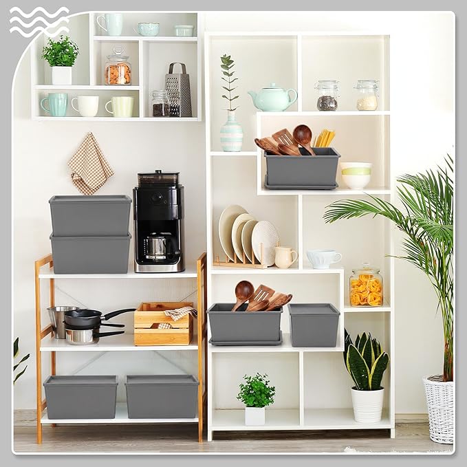 6 Pcs Storage Bins with Lids Small Plastic Storage Containers Stackable Storing Baskets Box Cute Organizer Bins for Organizing Shelves (Gray)