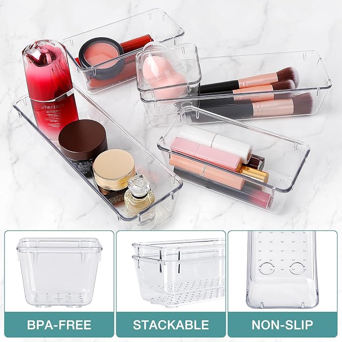 StorMiracle 23 PCS Drawer Organizer Set, 5 Varied Size Bathroom and kitchen Drawer cabinet organizer Trays, Clear Storage Bins for Makeup, Jewelry, Utensils and Gadgets