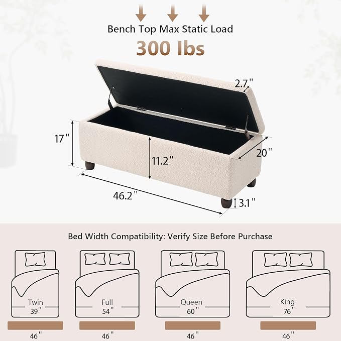Boucle Storage Ottoman Bench, with Hidden Storage and Solid Wood Legs | Modern End of Bed Bench, Rectangle Footrest, Hidden Storage, Solid Wood Legs, Bedroom, Living Room and Entryway Use, Beige