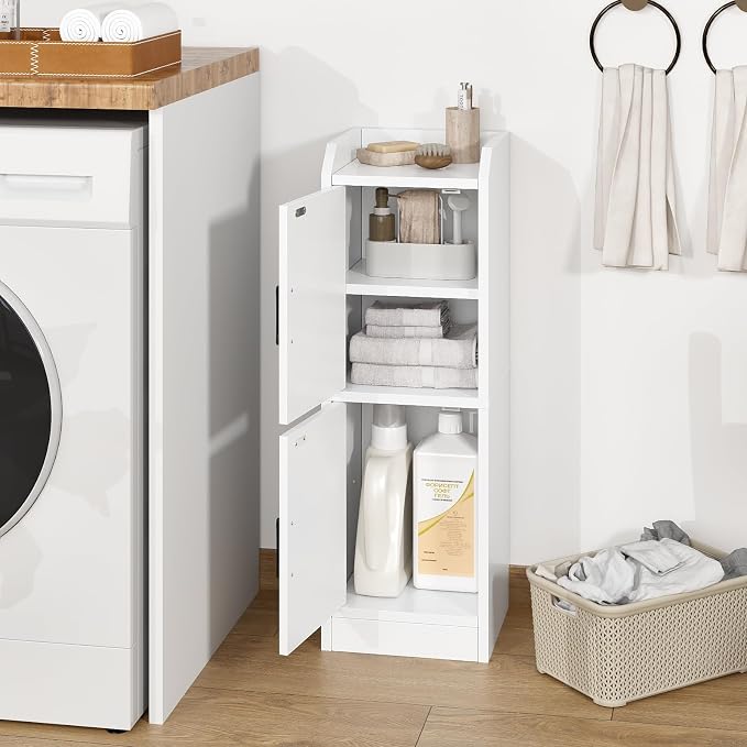 Narrow Bathroom Storage Cabinet with 2 Doors and Shelves, 9.8" W Small Storage Cabinet for Toilet Paper Storage, Slim Cabinet for Small Spaces, Bathroom, Kitchen, 9.8" W × 7.9" D × 29.5" H, White