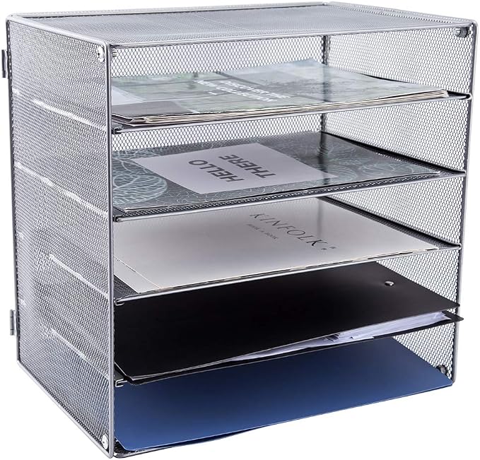 5 Slot Mesh Desk Organizer Tray, File Paper Letter Folder Holder Desktop Paper Sorter Mail Organization Rack Storage Accessories, for Office Home School Classroom, Silver